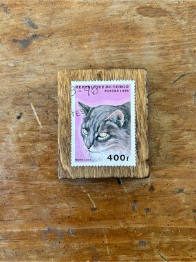 Handmade Vintage Postage Stamp Magnet On Wood • Maine Coon Cat